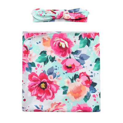

Newborn Baby Soft Flower Printing Receiving Blankets Swaddling Infant Swaddle Wrap And Headband 2PcsSet