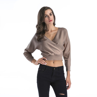 

Tailored Womens Deep V-neck Bat Sleeve Short Solid Color Knit Sweatershirt Blouse Top