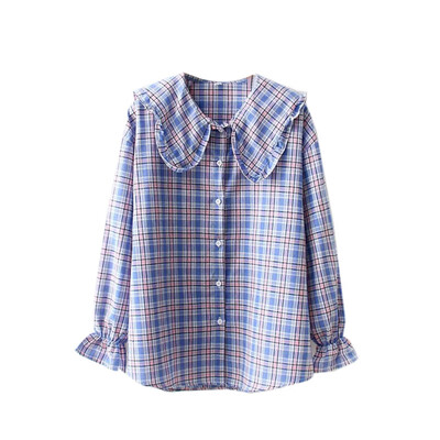 

Women Plaid Shirt Long Sleeve Spring Tops Ladies Loose Doll Collar Trumpet Sleeve Casual Women Tops And Blouses