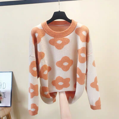 

Women Korean Style Floral Pattern Knitted Pullover Sweater Kawaii Gril Autumn Warm Clothes Knitwear Jumpers