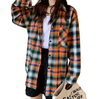 

Women Vintage Plaid Print Lapel Shirt Loose Single-breasted Long Sleeve Elegant Blouse