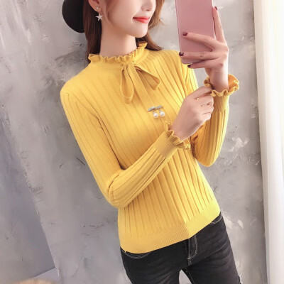 

Women Sweater Autumn Long Sleeve Bow Collar 2019 Casual Slim Elegant Sweater Winter Knitted Sweater Lace Up Female Pullover