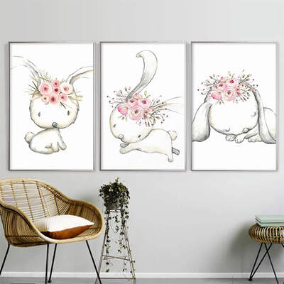 

3 Panels Flower Rabbit Oil Canvas Painting HD Art Printed Oil Painting Poster Picture for Home Wall Decor