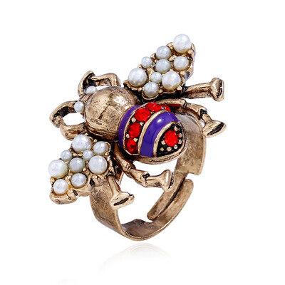

Adjustable Ring Retro Bronze Honey Bee Pearls Charm Open Ring for Women