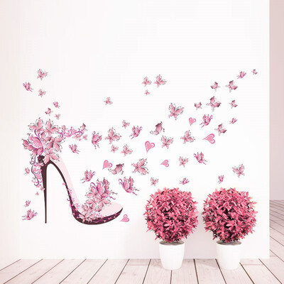 

Fashion High Heel Shoes Flying Butterflies Heart Flower Wall Sticker PVC Decals Home Decor Girls Room Decor Poster