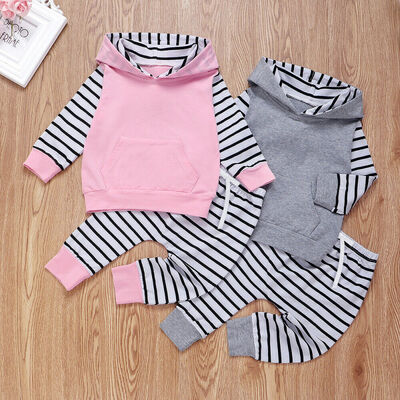 

Toddler Baby Boy Girl 2PCS Winter Clothes Set Hooded Tops Striped Pants Outfits