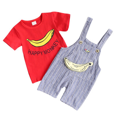 

Kids Girls Short Sleeve T-shirt Summer with Banana Print Stripe Strap Pants 2 Pcs Outfits Set Cotton Casual Cute Sets