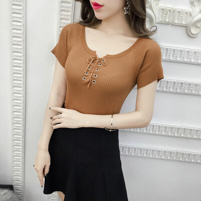 

Summer sweetly solid short sleeved knitted t shirt  women slim tops dropshipping