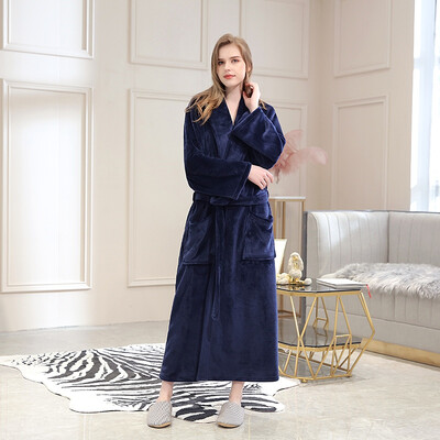

Autumn Winter Robe Solid Color Lace-up Flannel Couple Nightgown Pocket Long Home Robe