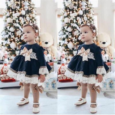 

2019 New Spring Casual Baby Girls Lace Bow Princess Dress Cotton Kids Toddler Long Sleeve Sundress