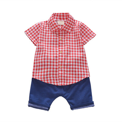 

Summer Baby Boys Short Sleeve Plaid Print Tops Blouse ShirtShorts Children Casual Outfits Sets