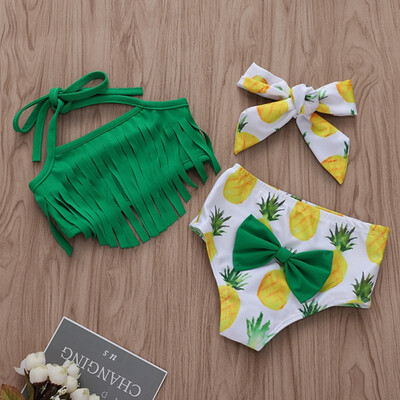

New Summer Outfits Clothes Infant Baby Swimwear Straps Fruit Printed Bow Tops Briefs Headband Kid Girls Swimwear Bikini