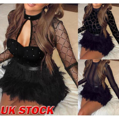 

UK Womens Long Sleeve Sheer Mesh Faux Feather Dress Bodycon Club Party Dresses