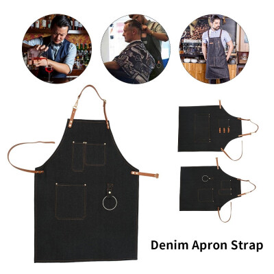 

Fashion Denim Bib Apron Working Chef Leather Strap for Barista Baker Bartender BBQ Cook Work Uniform