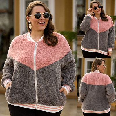 

Gobestart Womens Plus Size O-neck Contrast Color Stitching Zipper Pocket Plush Jacket