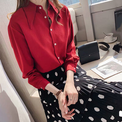 

2019 COCKCON fashion womens temperament solid color loose lapel shirt retro long-sleeved casual wild top