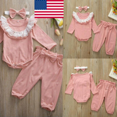 

US Stock Newborn Baby Girls Lace Romper Pants Headband Outfit Clothes 3PCS Set