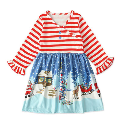 

2020 Autumn Autumn Children Girl Christmas Dress Long Flare Sleeve Baby Santa Claus Print Pattern Sundress Clothes