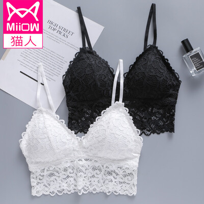 

Cat man French lace no steel ring bra thin section ladies sexy beauty back underwear literary female Europe&America small chest strap white