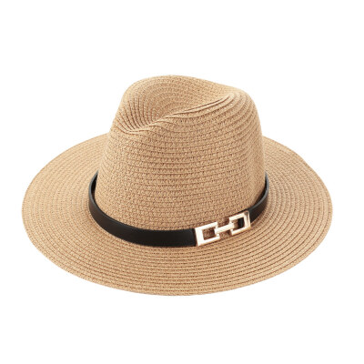 

Fashion Unisex Sun Hat Straw Hat Solid Wide Brim Metal Belt Summer Sunbonnet Beach Panama Hat BrownBeige