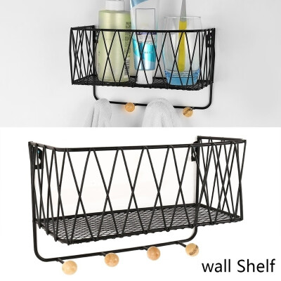 

Wall Mounted Shelf Wrought Iron Shelf with Hooks Basket Key Hanging Hanger