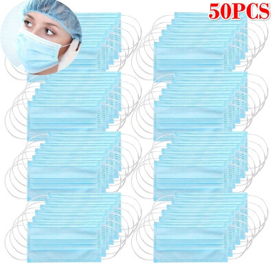 

10-50Pcs 3-Ply Disposable Face Mask Dust Mask Flu Face Masks with Elastic Ear Loop for All PeopleBlue