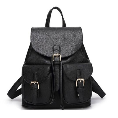 

TANGDE GENUINE LEATHER PURE COLOR FLAP DRAW STRING TWO FRONT POCKETS WOMAN CASUAL BACKPACK