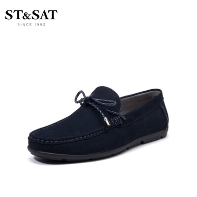 

Saturday Mens Shoes ST&SAT Cow Leather Business Casual Fashion Lazy One-legged Driving Breathable Casual Peas Shoes SS92129901 Blue 41