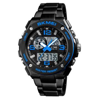 

SKMEI 1333 Men Quartz 3 Time Chrono Watches Countdown Analog Digital Display Wristwatch 5ATM Waterproof Fashion Casual Backlight