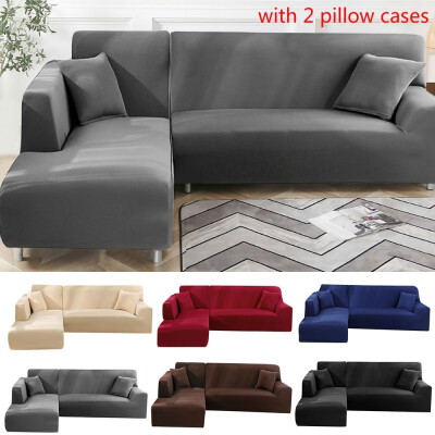 

Shape Stretch Solid Color Sofa Cover Sectional Corner Elastic Couch Covers Decor With Two Pillowcases