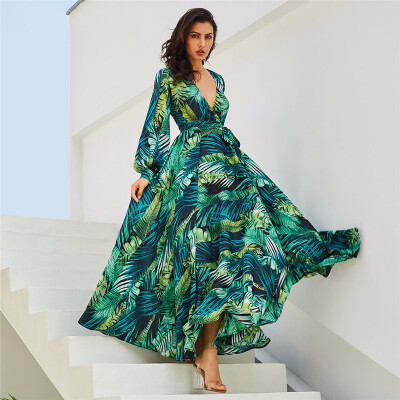 

Long Sleeve Dress Green Tropical Beach Vintage Maxi Dresses Boho Casual V Neck Belt Lace Up Tunic Draped Plus Size Dress