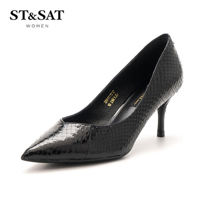 

Saturday womens shoes ST&SAT snake leather fashion simple&elegant high-heeled shallow mouth shoes SS91111238 black 36