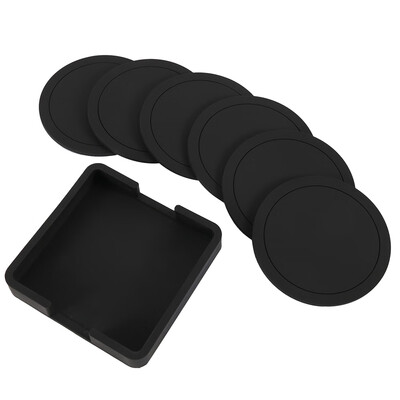 

7pc Set Round Black Silicone Coasters Non-slip Cup Mats Pad Drinks Table Glasses