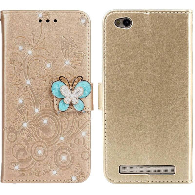 

MOONCASE Millet Red Rice 5A Butterfly Rhinestone Embossed Leather Case - Gold