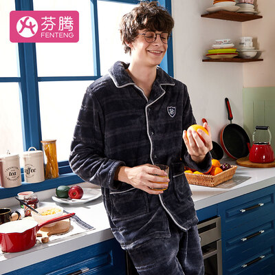 

Fenton coral fleece mens pajamas 2018 autumn&winter new striped English cardigan lapel long sleeve jade rabbit cashmere home service M98940817 Gray Lan XXL