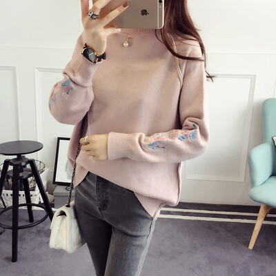 

2018 autumn&winter new Korean womens embroidery leggings knitted sweater semi-turtleneck short sweater