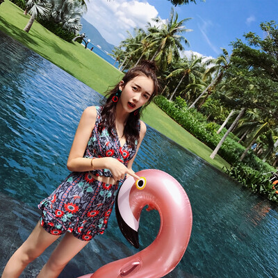 

Yi Meishan swimsuit female two-piece Korean hot spring swimsuit small chest gathered conservative cover belly slim sexy swimsuit split YMS188362 black print L