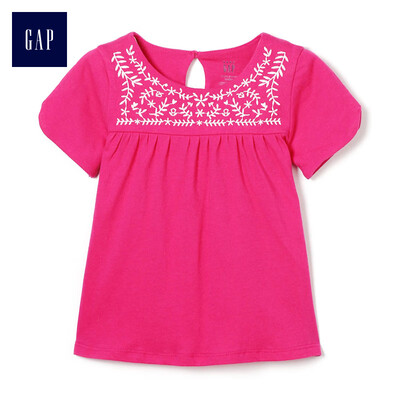 

GAP flagship store female short-sleeved round neck embroidered pleated shirt 337226 red 2YRS