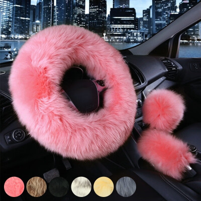 

3 Pcsset Charm Warm Winter Long Woolen Plush Cars Steering Wheel Cover Woolen Car Handbrake Accessory