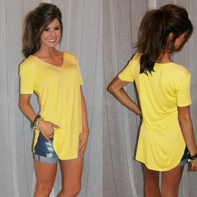 

New Fashion Women T-shirt Solid Color V Neck Short Sleeve Rounded Hem Long Casual Party Wear Tops