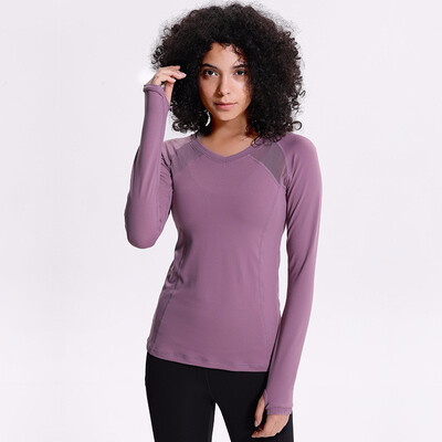 

Quick Dry Training Gym Sport Long Sleeve Shirts Women V-Collar Slim Fit Fitness Jogger Blouse Tops with Thumb Holes