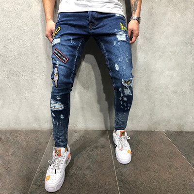 

Fashion Men Solid Ripped Skinny Biker Zipper Fly Jeans Destroyed Hole Frayed Slim Fit Denim Pencil Pants
