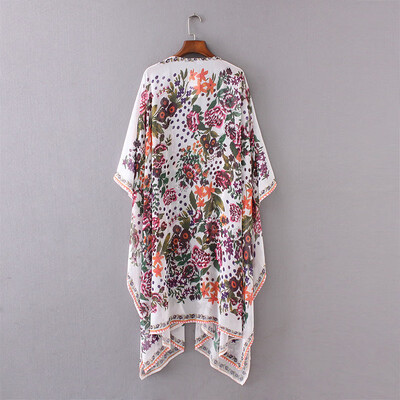 

New Women Chiffon Kimono Cardigan Floral Print Asymmetric Boho Loose Outerwear Beachwear Bikini Cover Up White