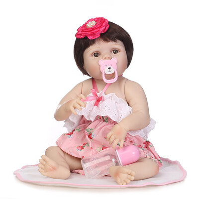 

Reborn Baby Girl Doll 22 inch Soft Full Silicone Vinyl Body Lifelike Toddler Doll Play House Bath Toy Gift for ages 3 With Blue