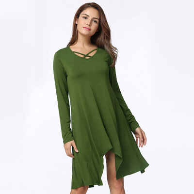 

Sexy Women Asymmetric T-Shirt Criss Cross V Neck Long Sleeves Blouse Solid Loose Casual Tunic Top BlackGreyArmy Green