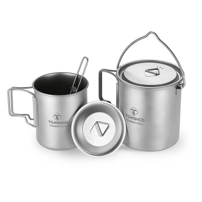 

TOMSHOO Lightweight Titanium 3 Pieces Set Titanium 750ml Pot 450ml Water Cup Mug with Lid Collapsible Handle Folding Spork for Out