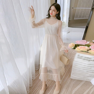 

JOY OF JOY Jingdong womens 2019 new retro French temperament lace bottoming dress female tide JWQZ191360 apricot