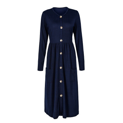 

Womens Long Sleeve Knit O-neck Casual Button Down Plain Swing Midi Dress with Pockets