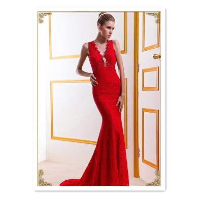 

2018 winter new shoulder deep V-neck fishtail wedding dress diamond bud sexy large size bride wedding red dress