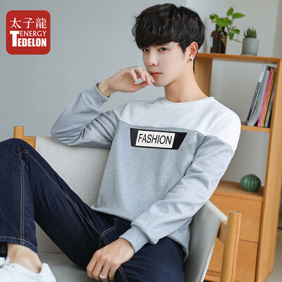 

Prince Dragon TEDELON long-sleeved T-shirt male 2019 spring new round neck solid color stitching casual Slim fashion trend sweater t-shirt clothes mens Y76 light gray L